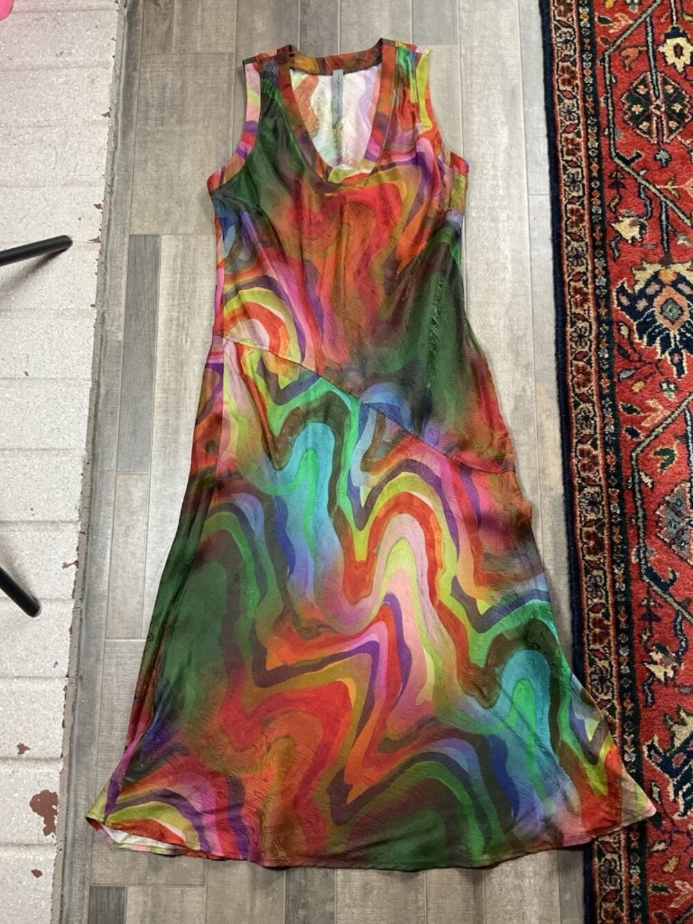 Raquel Allegra Dress Silk Rayon Print Kennedy Midi Multi Wave Size 00 Sleeveless - Picture 15 of 15